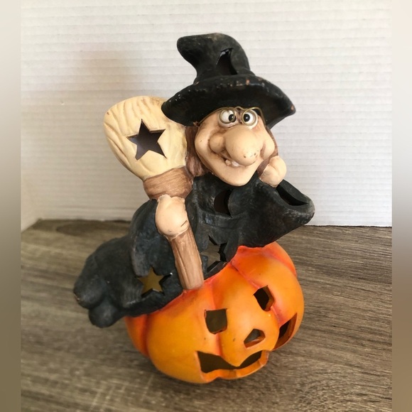 Vtg Halloween Witch and Jack O’Lantern Candle Holder - Picture 1 of 16